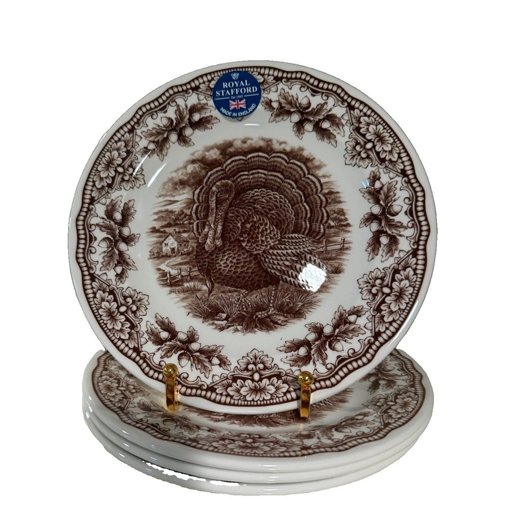 4 Royal Stafford HOMELAND TURKEY SALAD PLATES Acorn 8 1/2" NEW